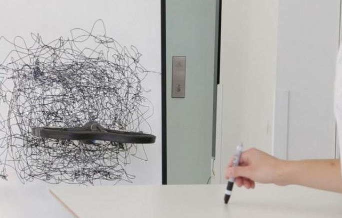 A hand guides a drone's movements.