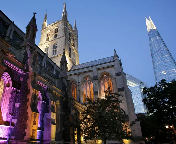 Southwark Cathedral after dusk.