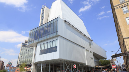 A photo of the Whitney Museum of American Art, shown from the outside.