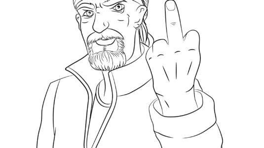 A drawing of a biker with his middle finger up.