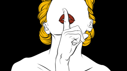 An illustration of a blonde woman without any eyes.