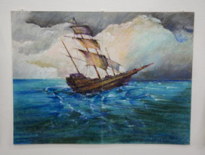 A painting of a ship at sea. The artist is Ghaleb al-Bihani, a former Guantanamo prisoner who was released in January 2017.