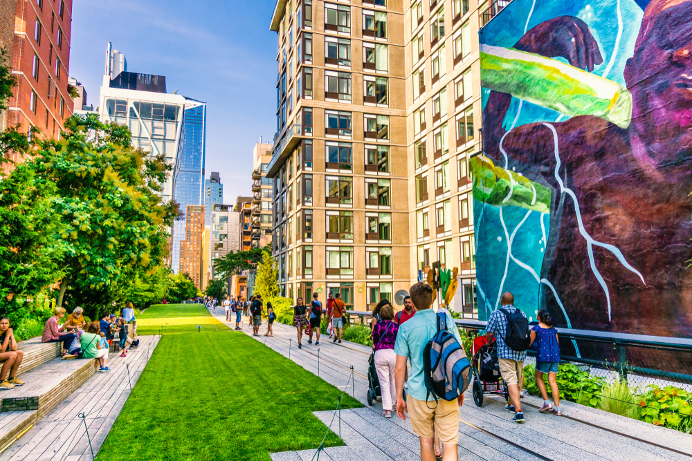High Line Park in Manhattan, New York. The popular urban park is built on elevated train tracks.